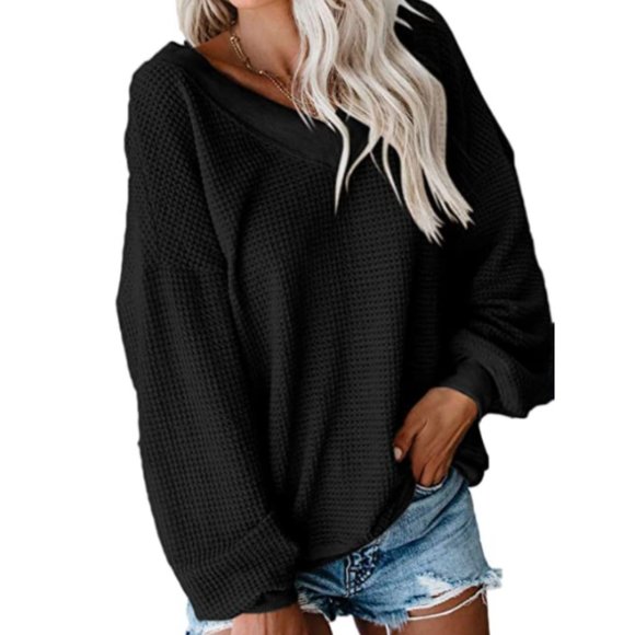 NWT Waffle Knit V-Neck Slouchy Oversized Sweater - Picture 5 of 5